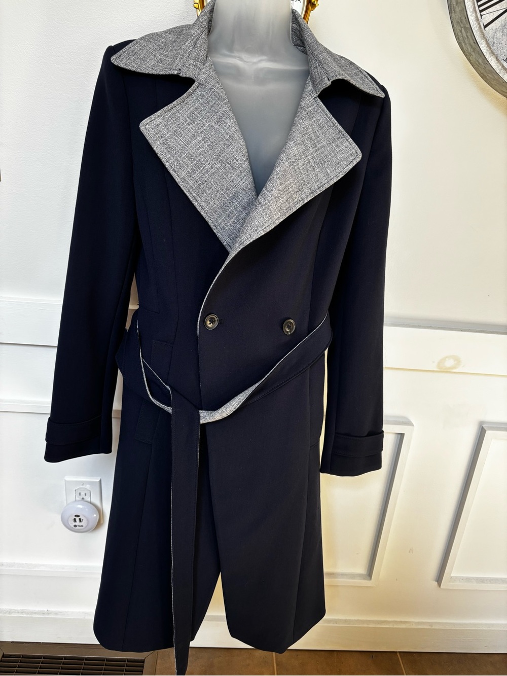 navy blue trench coat from White House Black Market featuring a contrasting